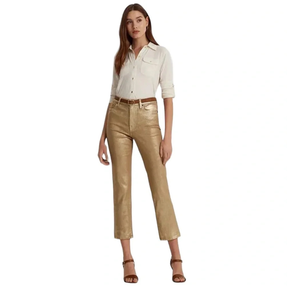 Ralph Lauren Metallic High-Rise Stretch Straight Ankle Jean
